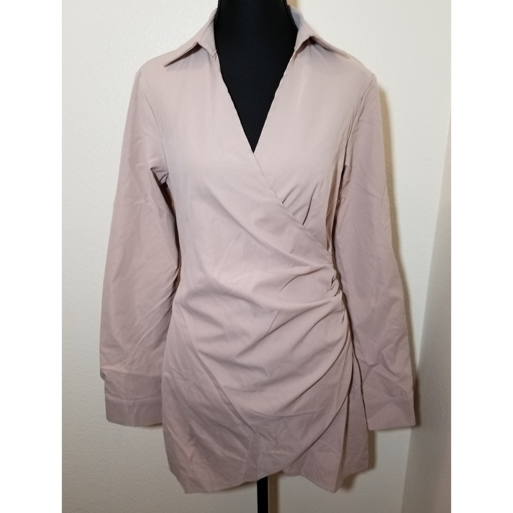 Public Desire Size 2 Tan Long Sleeve Wrap Shirt Mini Dress Minimalist Preppy NWT
